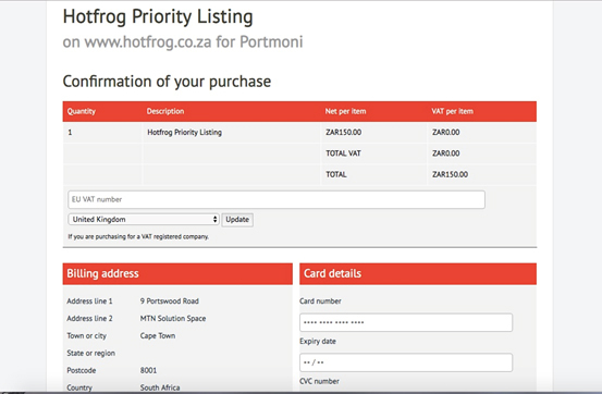 Hotfrog billing page